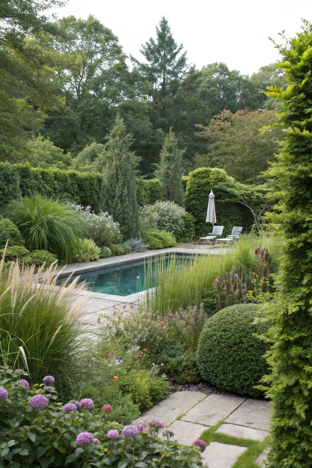 Lush bushes and tall grasses present an organic approach to successfully conceal pool equipment.