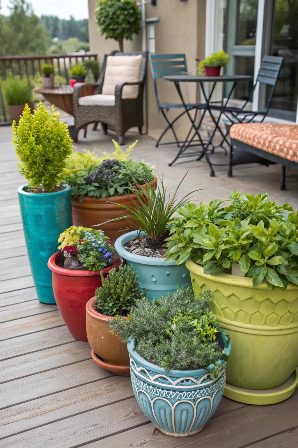 Artistic containers emphasize the beauty of simulated plants.