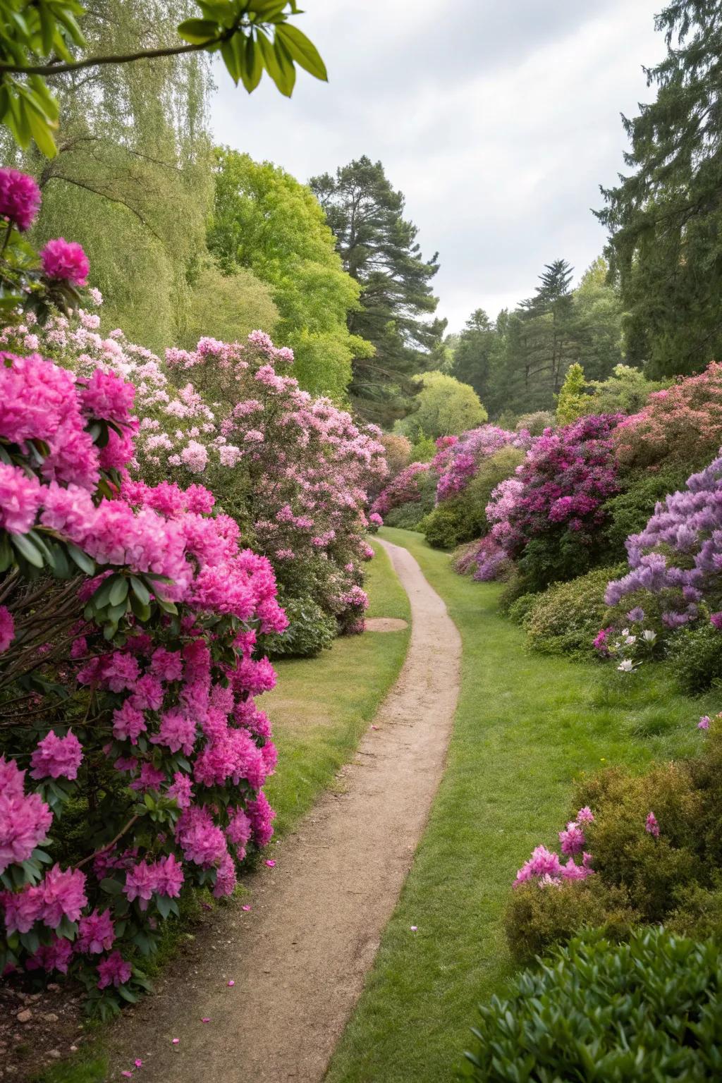 An alluring garden path enhanced with vibrant rhododendrons.