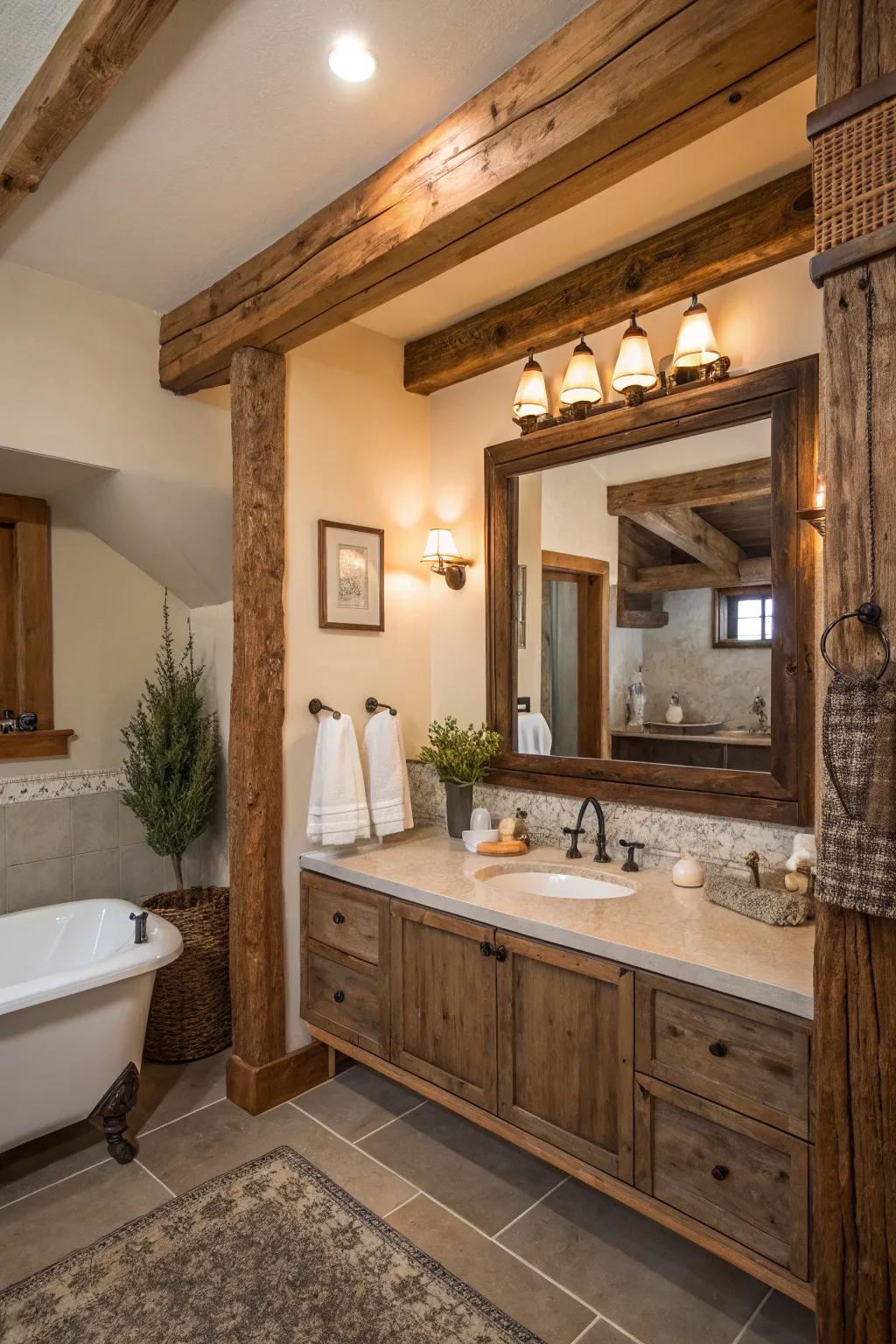 Salvaged wood frames infuse your bathroom with warmth and a rustic allure.
