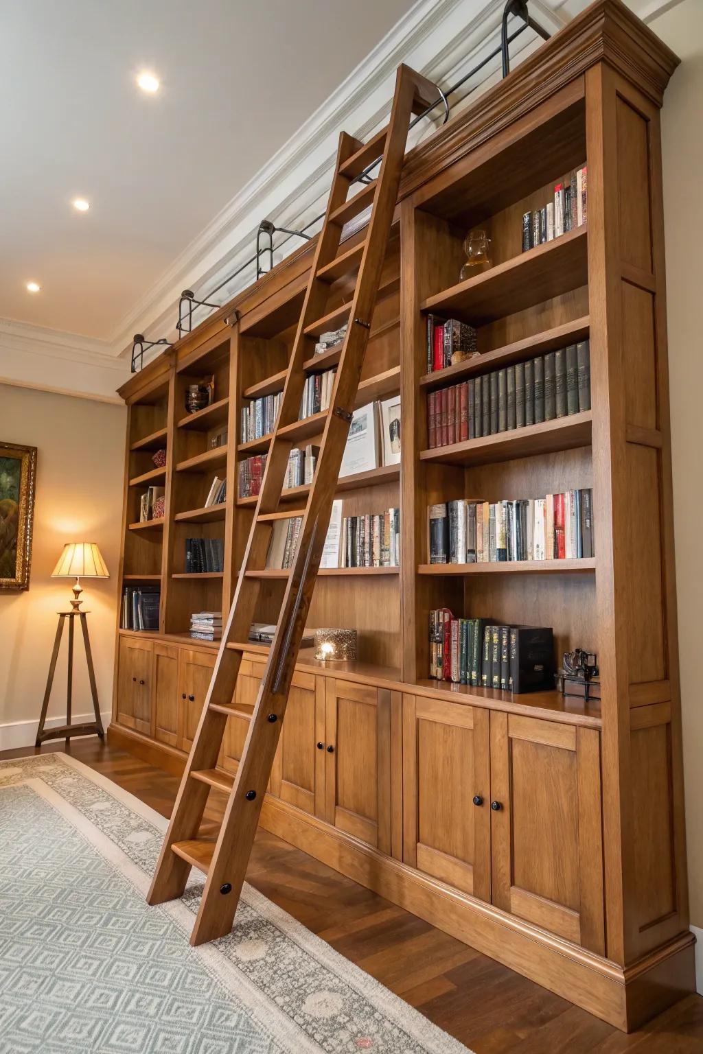 A library ladder brings elegance and easy access to this impressive bookshelf.
