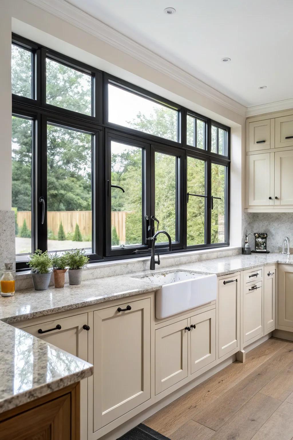 Polished contemporary style with dark-edged windows.