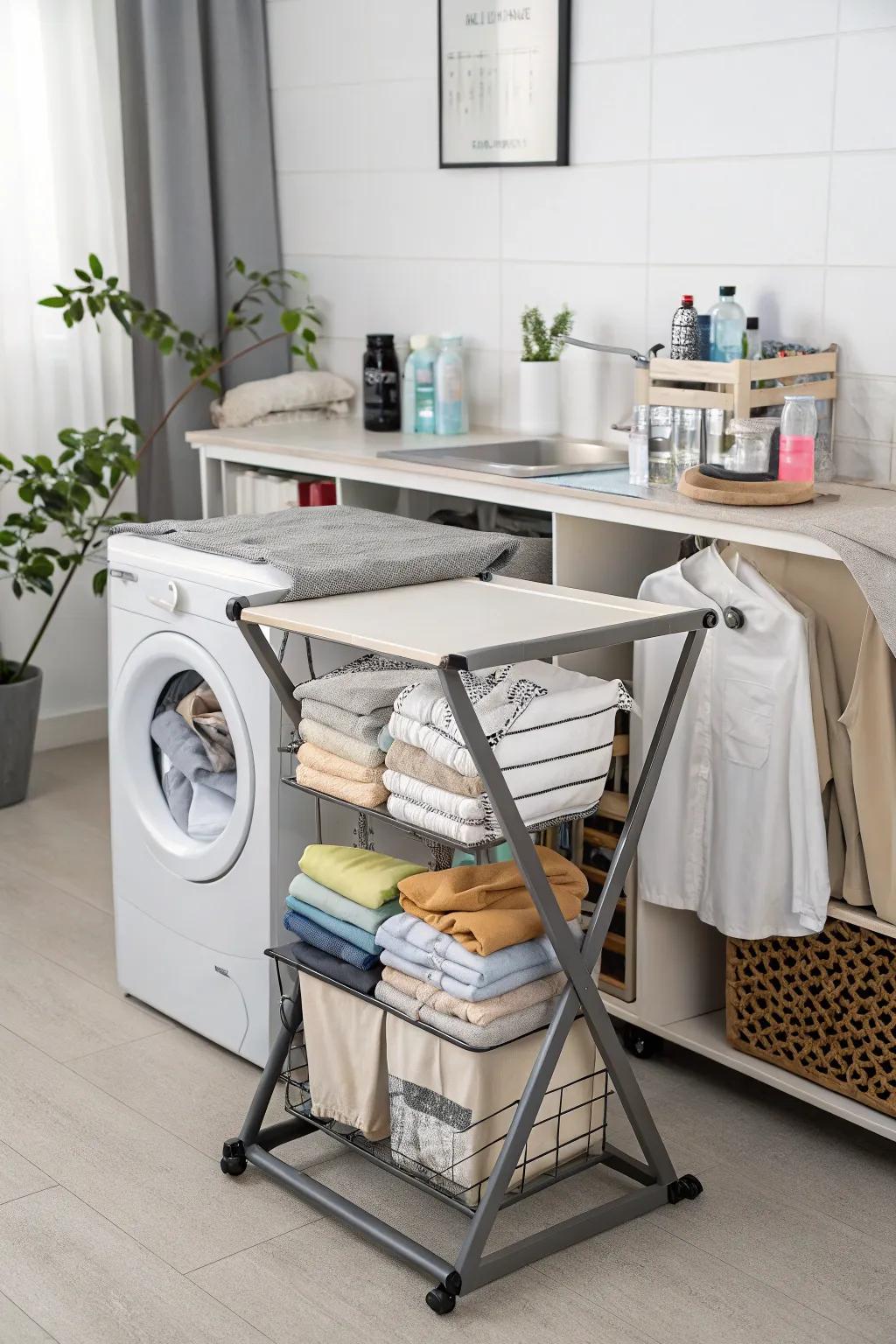 A folding table featuring built-in storage for additional convenience.