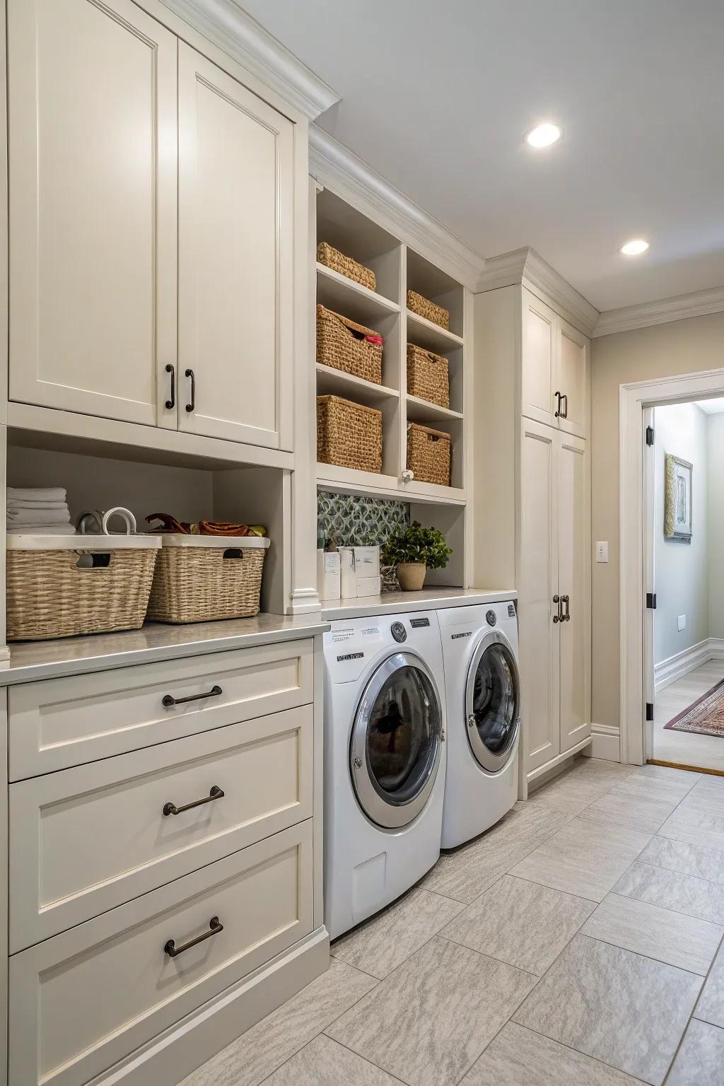 Wall-to-wall cabinets guarantee full utilization of your laundry room's potential.