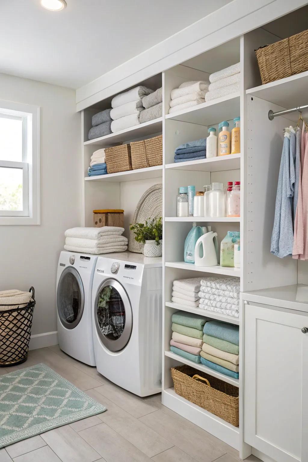 Efficient storage solutions integrated into laundry room countertops.