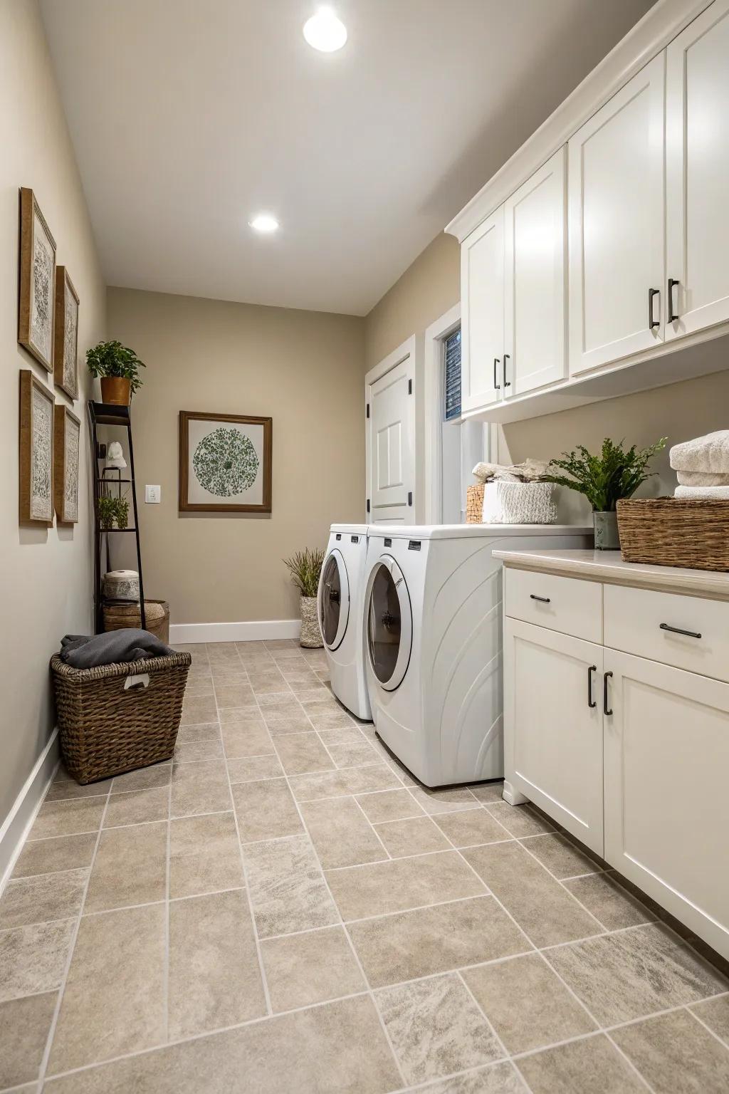 Subdued colors create a peaceful and trendy washing space.