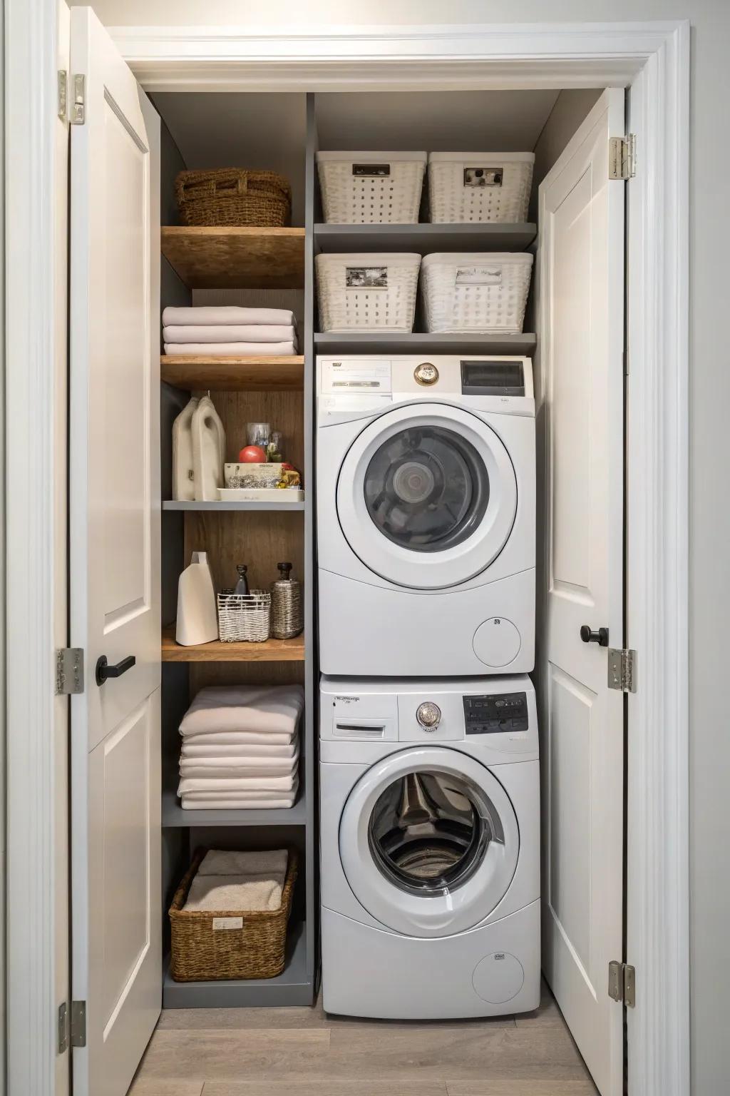 Stacked appliances save space in a smaller laundry room.