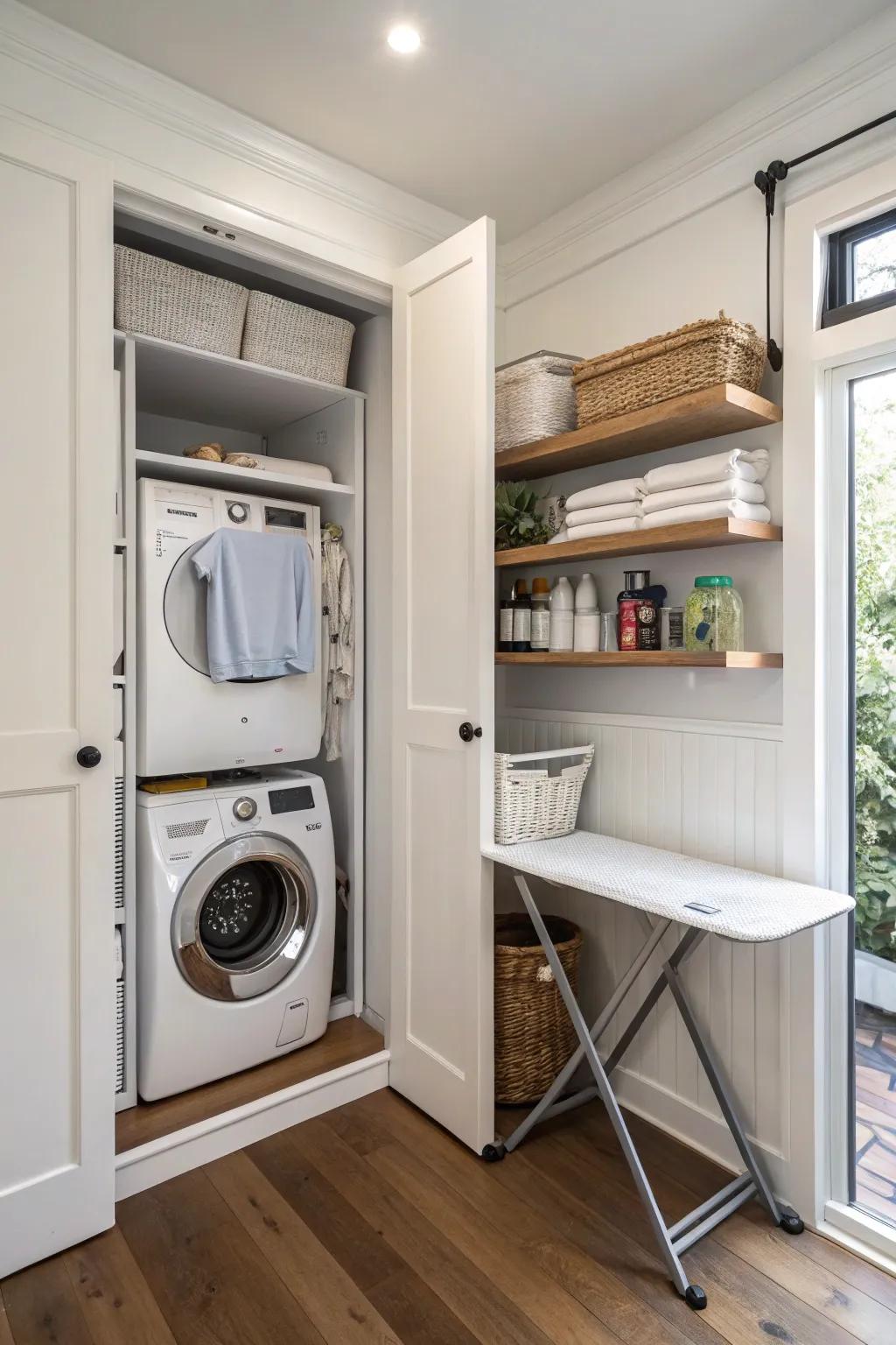 A pull-down laundry chute adds functionality to a small utility area.