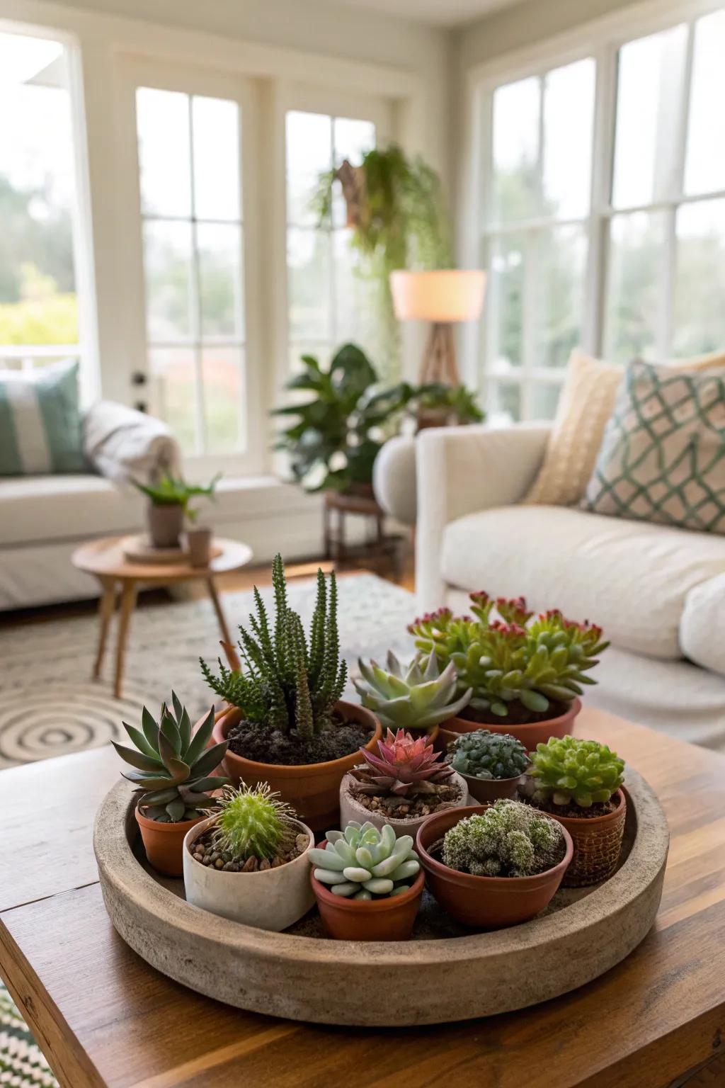 A rotating tray showcasing a vibrant array of small plants and succulents.