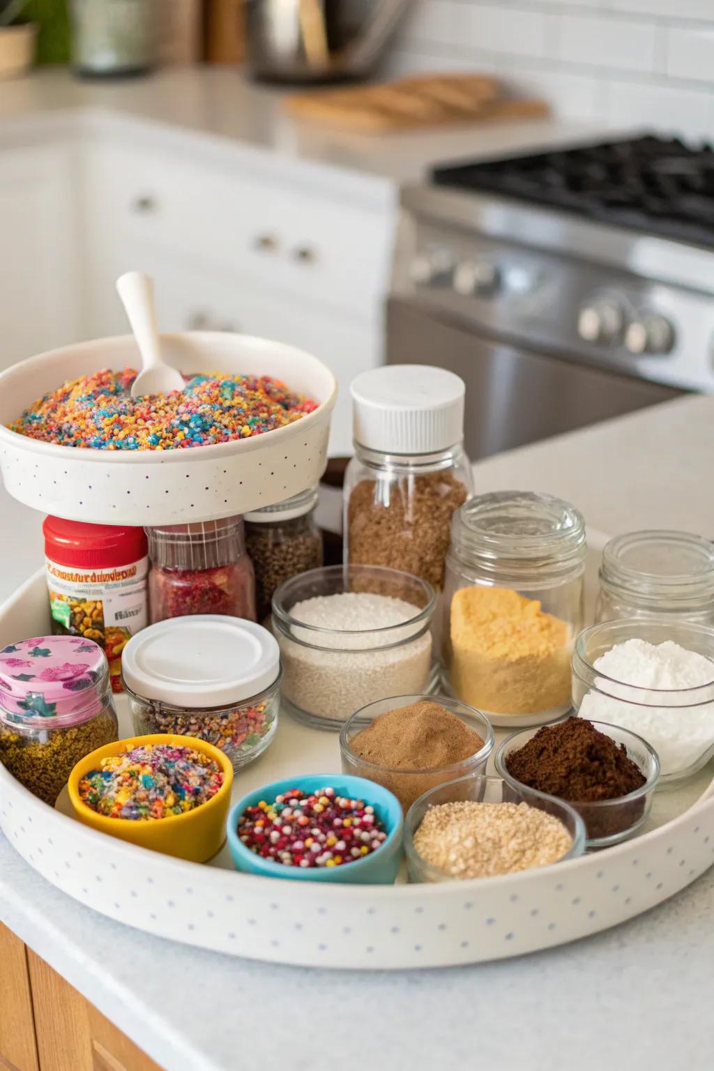 Create a baking supply hub with a well-arranged rotating organizer.