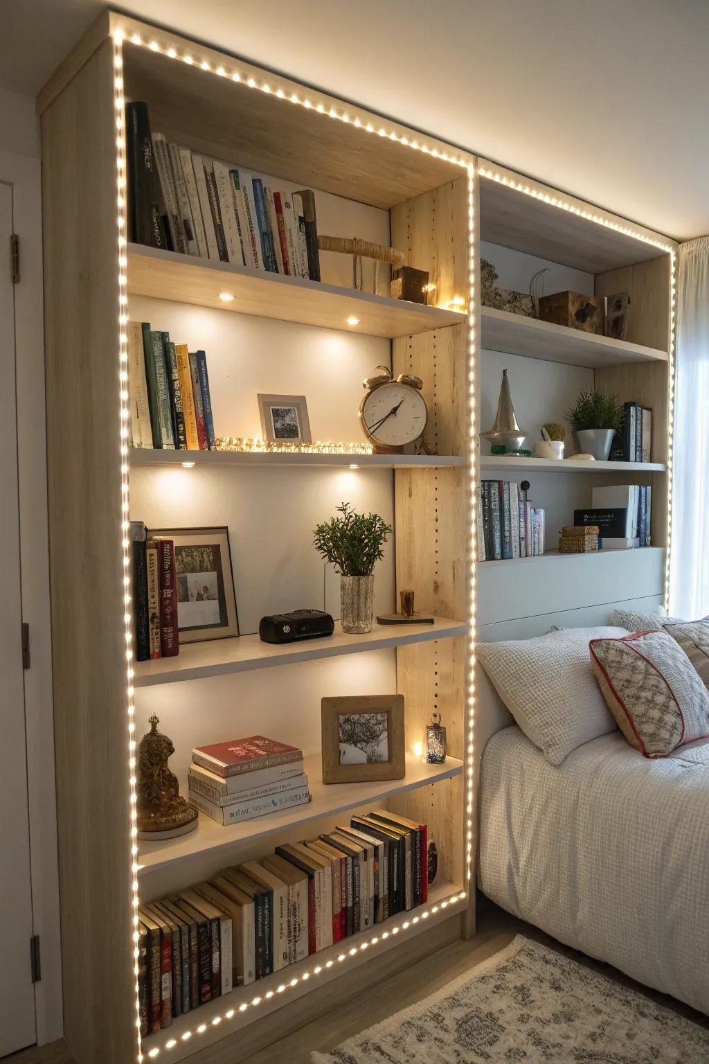 Shelves enhanced with light-emitting diodes, improving your bedroom's design.
