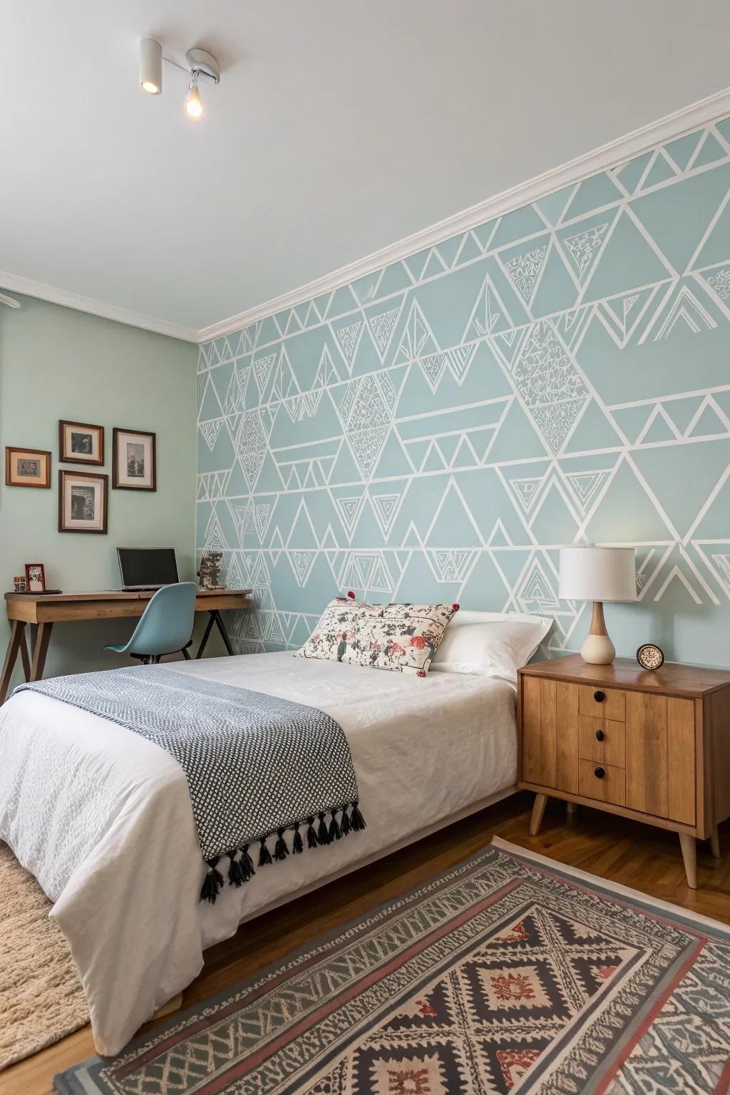 A bedroom with a light blue accent wall featuring geometric patterns for a striking focal point.