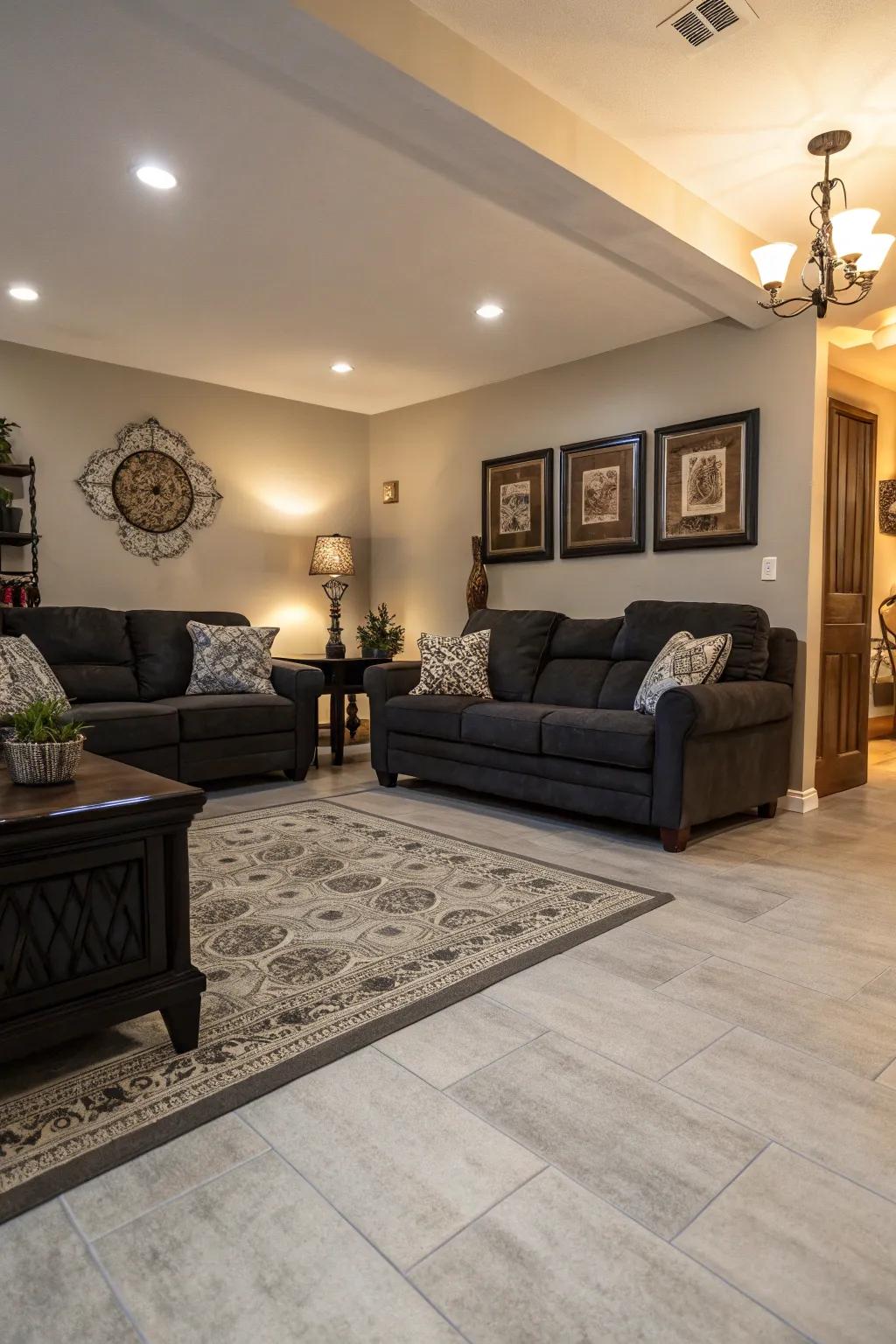 A stylish living room with light grey flooring and dark accents.