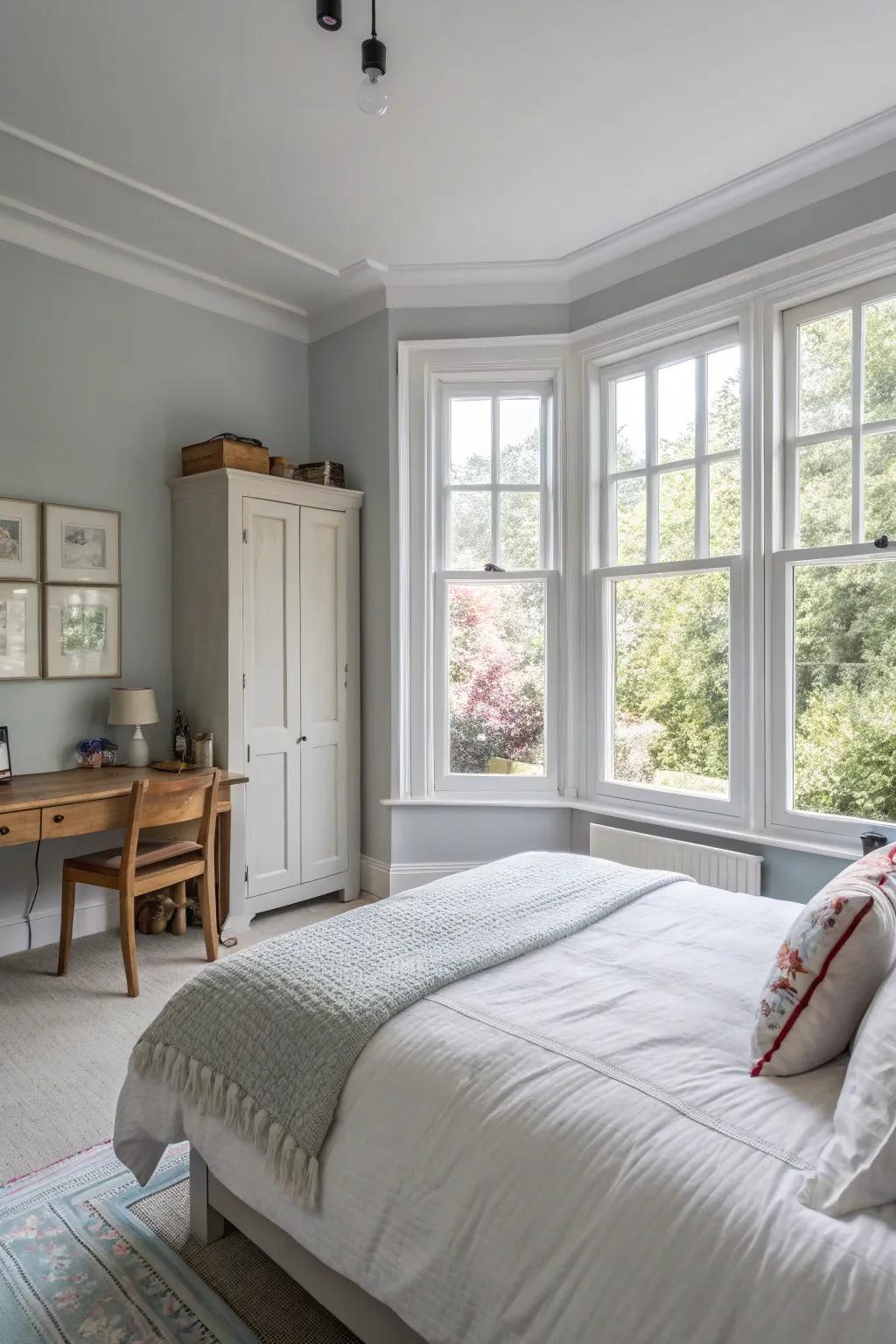 Natural light enhances the softness of light grey walls.