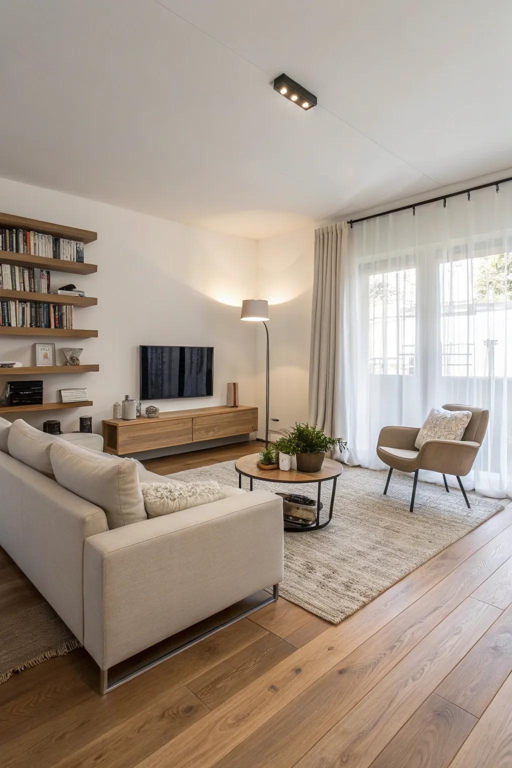 A modern minimalist living room with light wood floors that highlight simplicity and elegance.