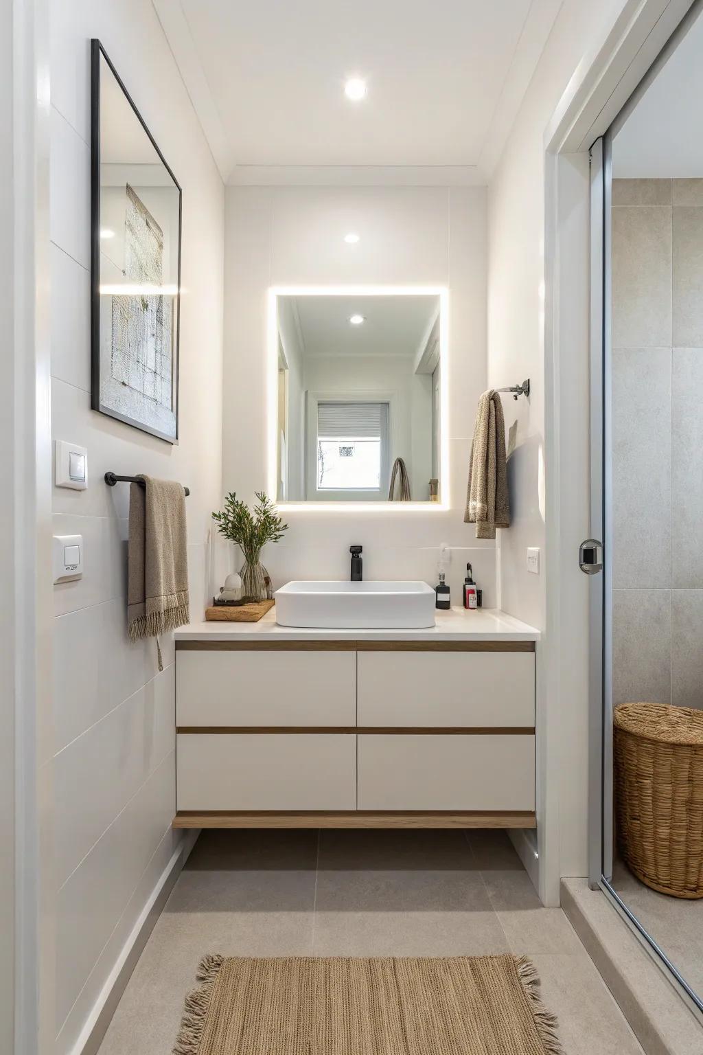 A wall-hung vanity brings modern charm to a small bathroom.