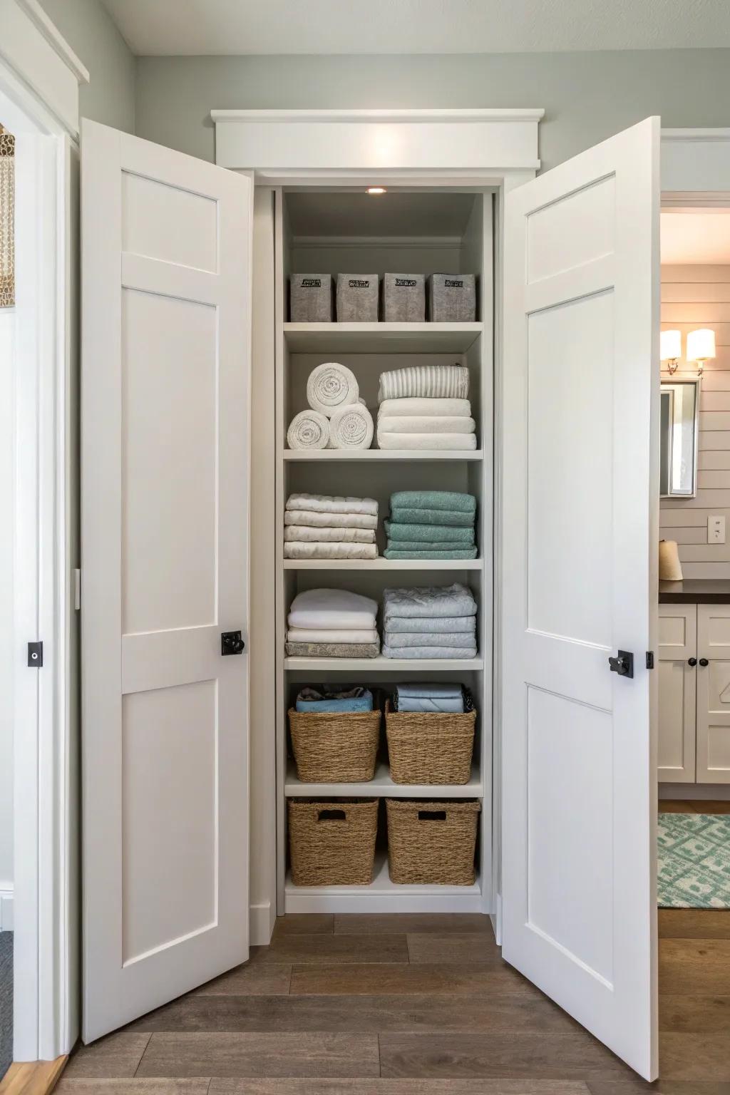 Hinged doors optimize space efficiency in confined linen closets.
