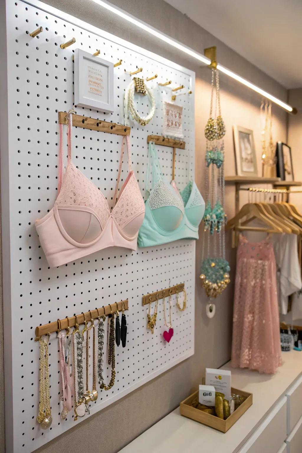 A wall panel provides a distinctive method to arrange and exhibit your lingerie.
