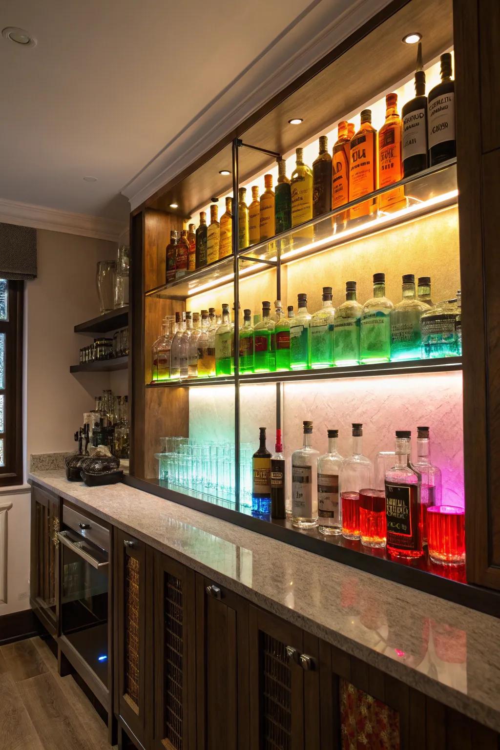 Create drama with backlit liquor shelves.