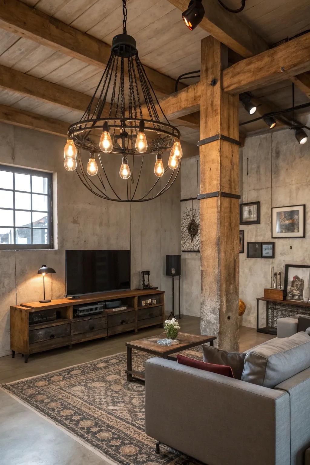 A factory-style living room with an old-fashioned overhead light featuring exposed bulbs.