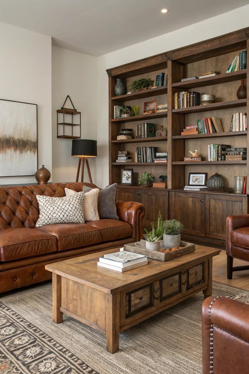 Wood elements seamlessly blend with the leather, promoting a grounded and harmonious look.