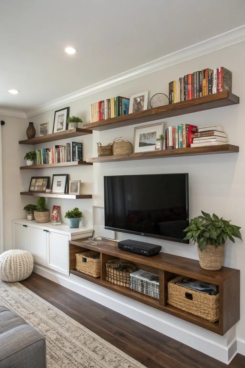 Frame your TV utilizing suspended shelves intended for a well-balanced ambiance.