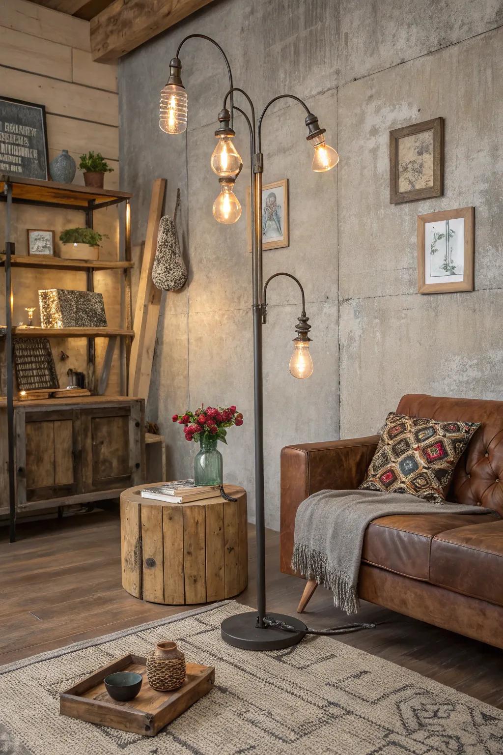 An industrial-style family room with a distinctive metallic standing lamp.