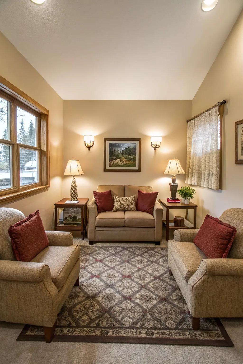 A streamlined living room layout showcasing chairs flanking a central sofa.