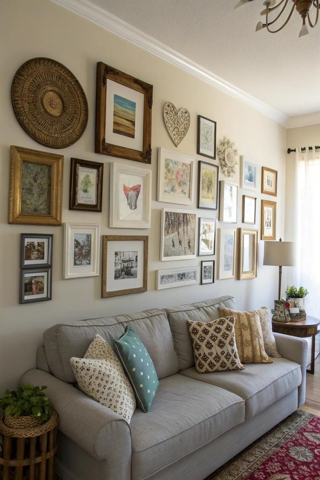 Evoke visual curiosity through an unconventionally placed photo arrangement.