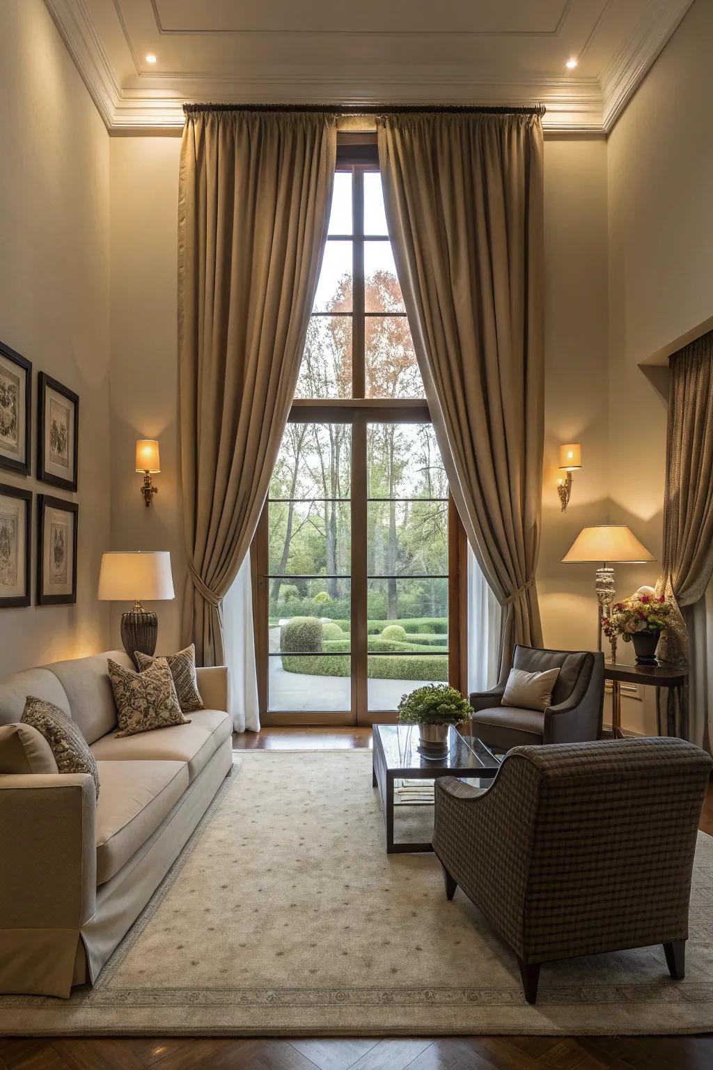 Achieve sophistication with striking, sweeping drapes for your picture windows.