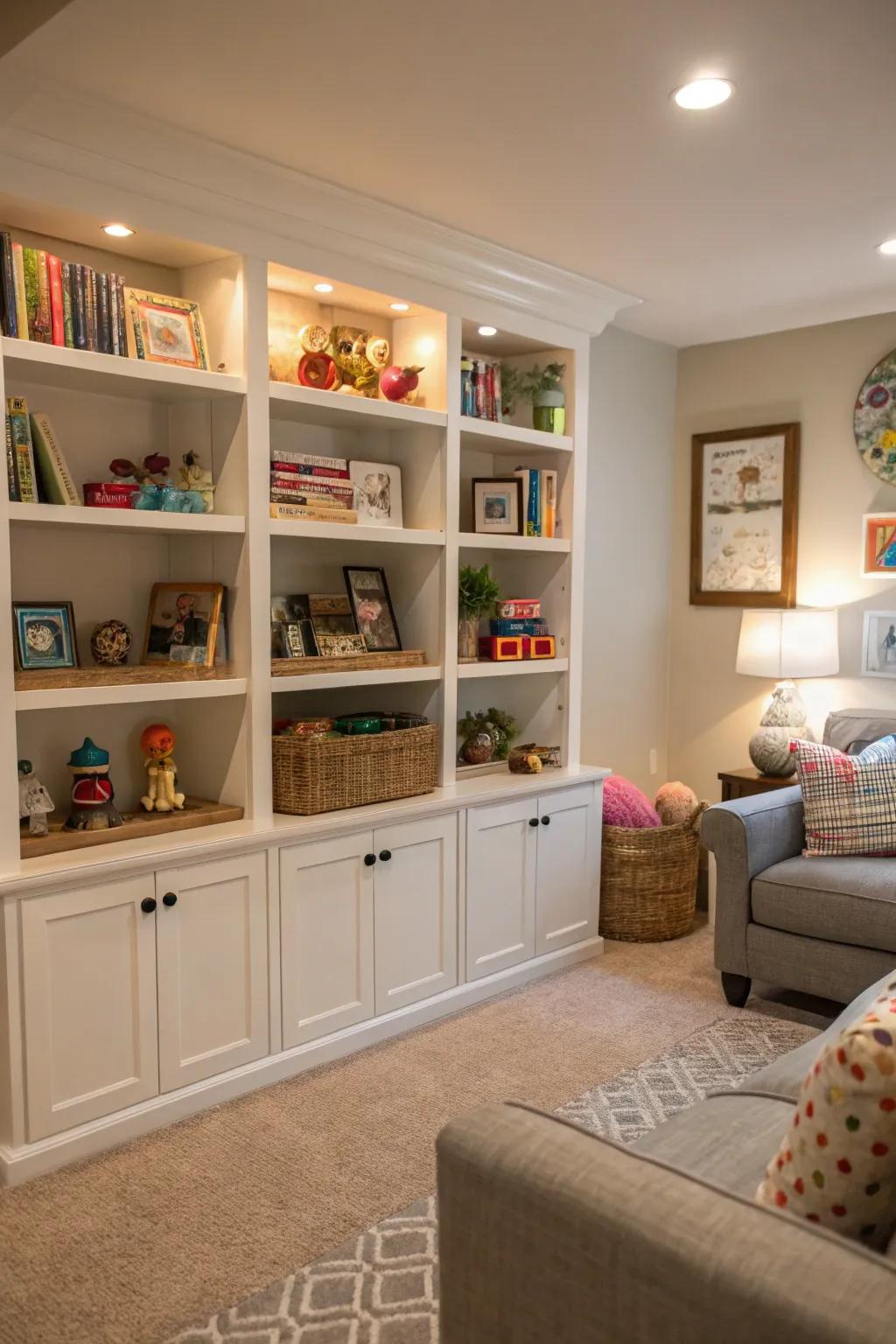 Built-in shelves offer organized and stylish storage.