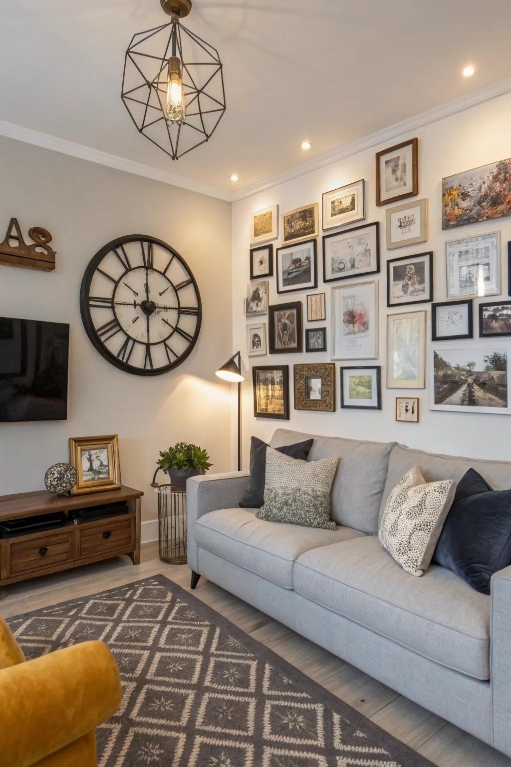 A gallery wall incorporating a wall clock morphs into a captivating artistic showcase.