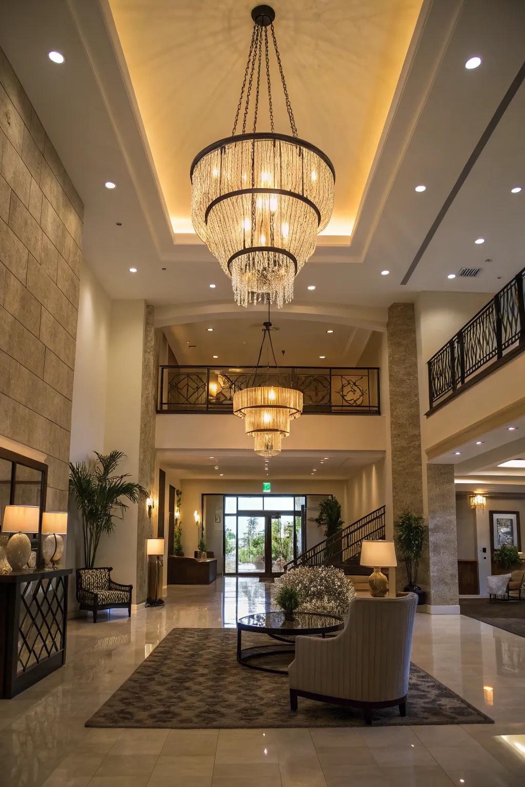 A lobby illuminated by an artistic overhead light fixture