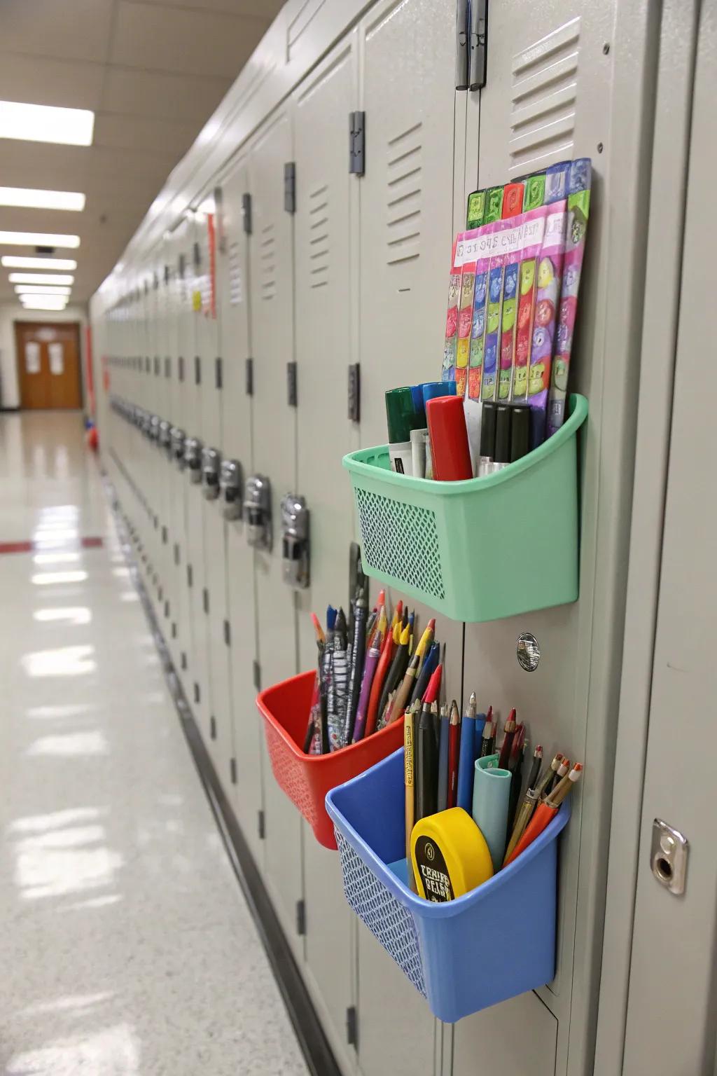 Magnetic organizers within a locker, ensuring supplies are neatly arranged and accessible.