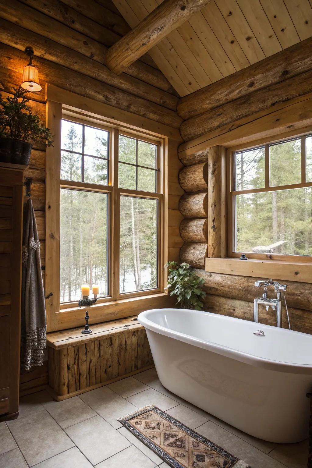 A log cabin bathroom that has a large window and freestanding bath.
