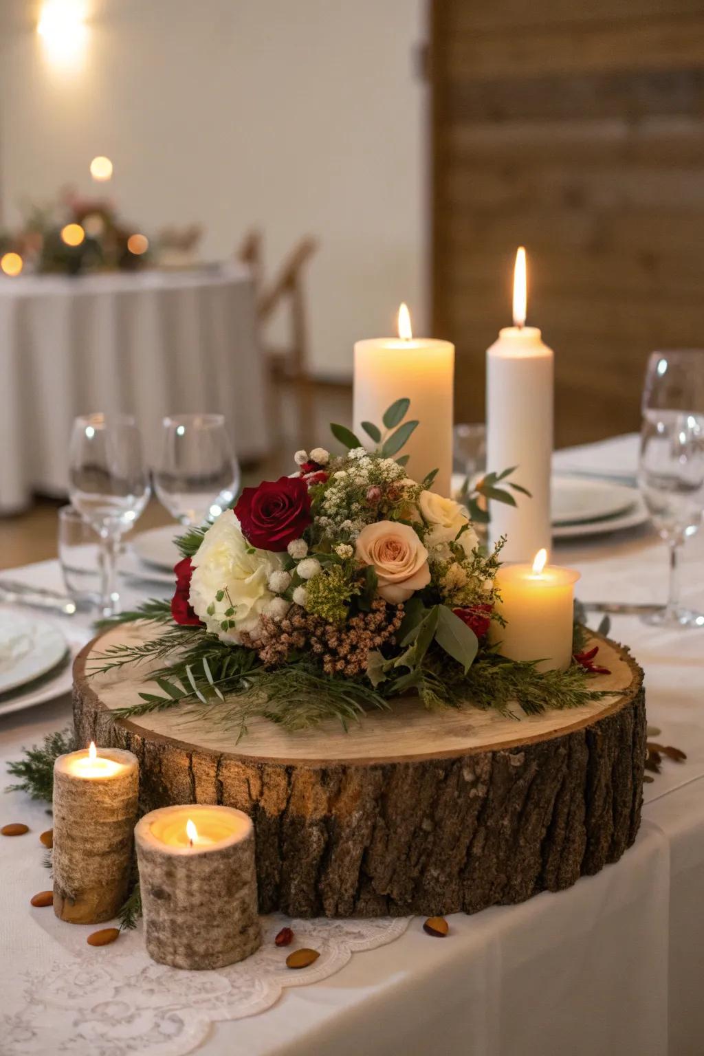 A dining table enhanced with a natural log centerpiece.