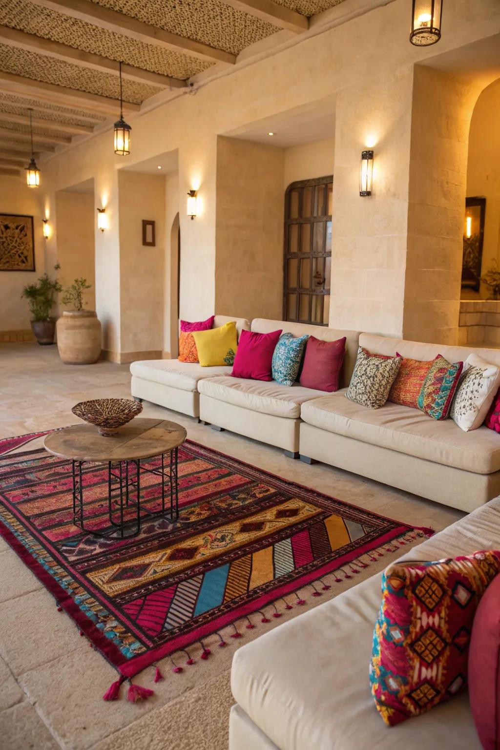 Striking accents spark life into a muted lounge design.