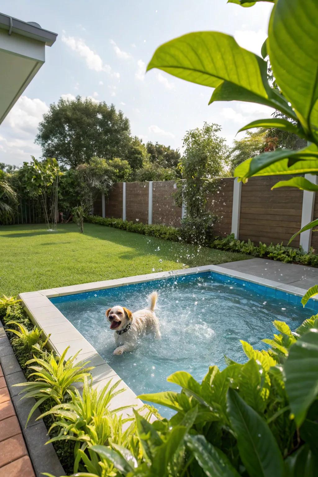 An entertaining splash pool within a pet-centered garden layout.