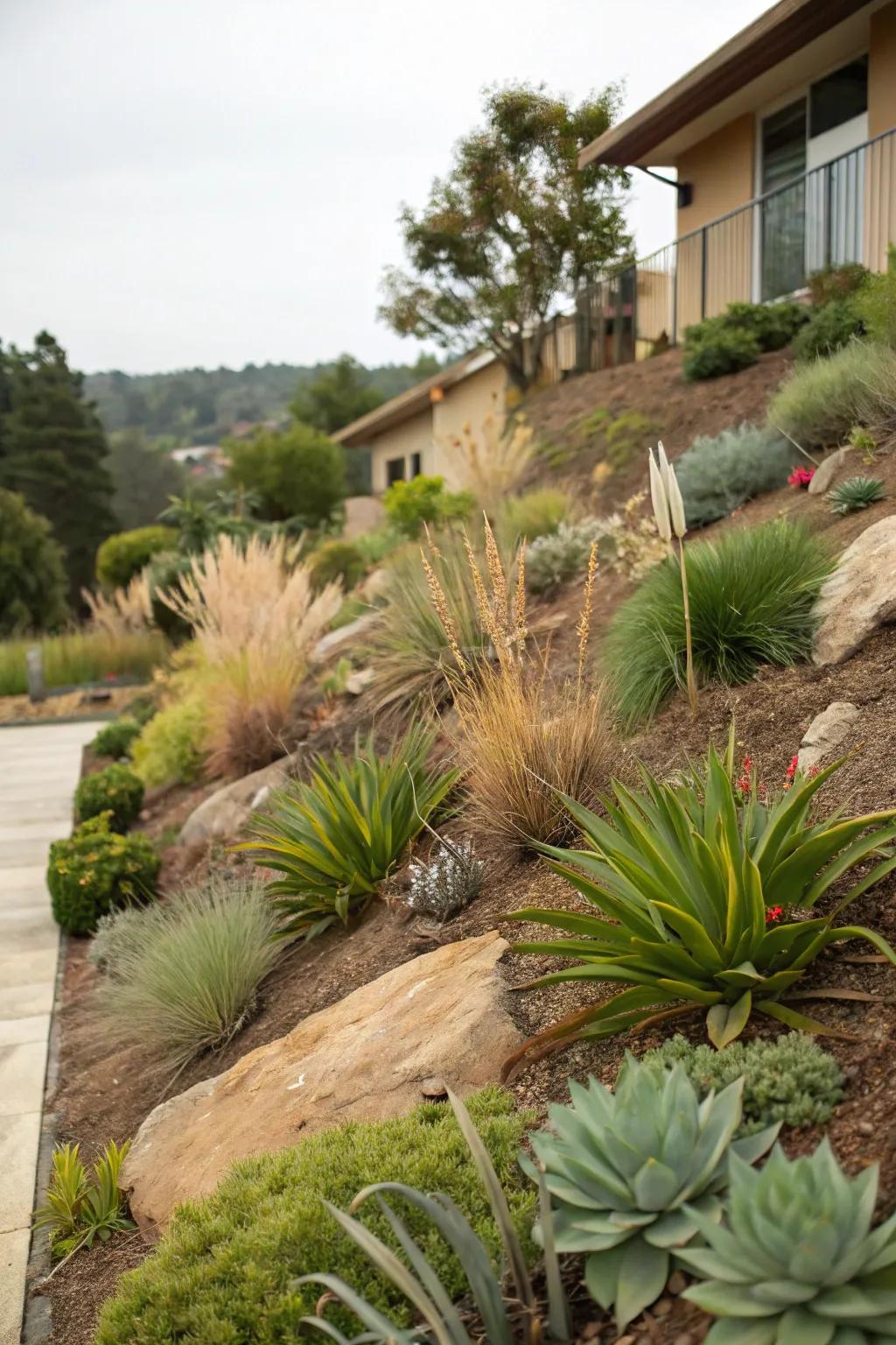 Aridity-tolerant flora introduces vibrancy and simplicity to any slope.