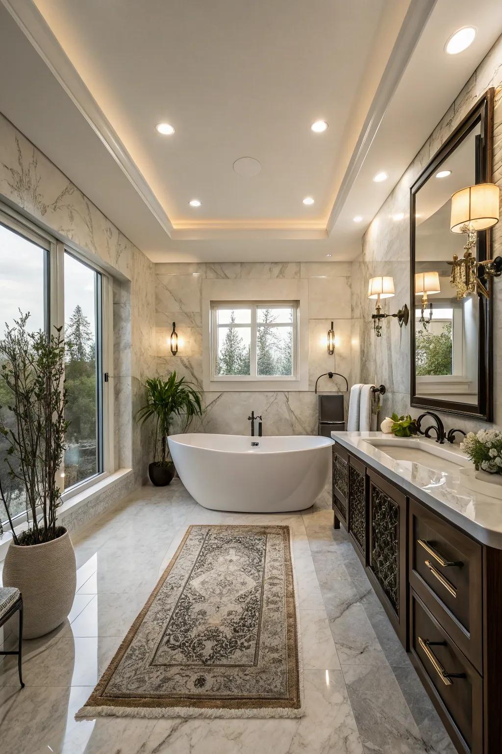A contemporary primary bathroom featuring a detached soaking tub as the central attraction.