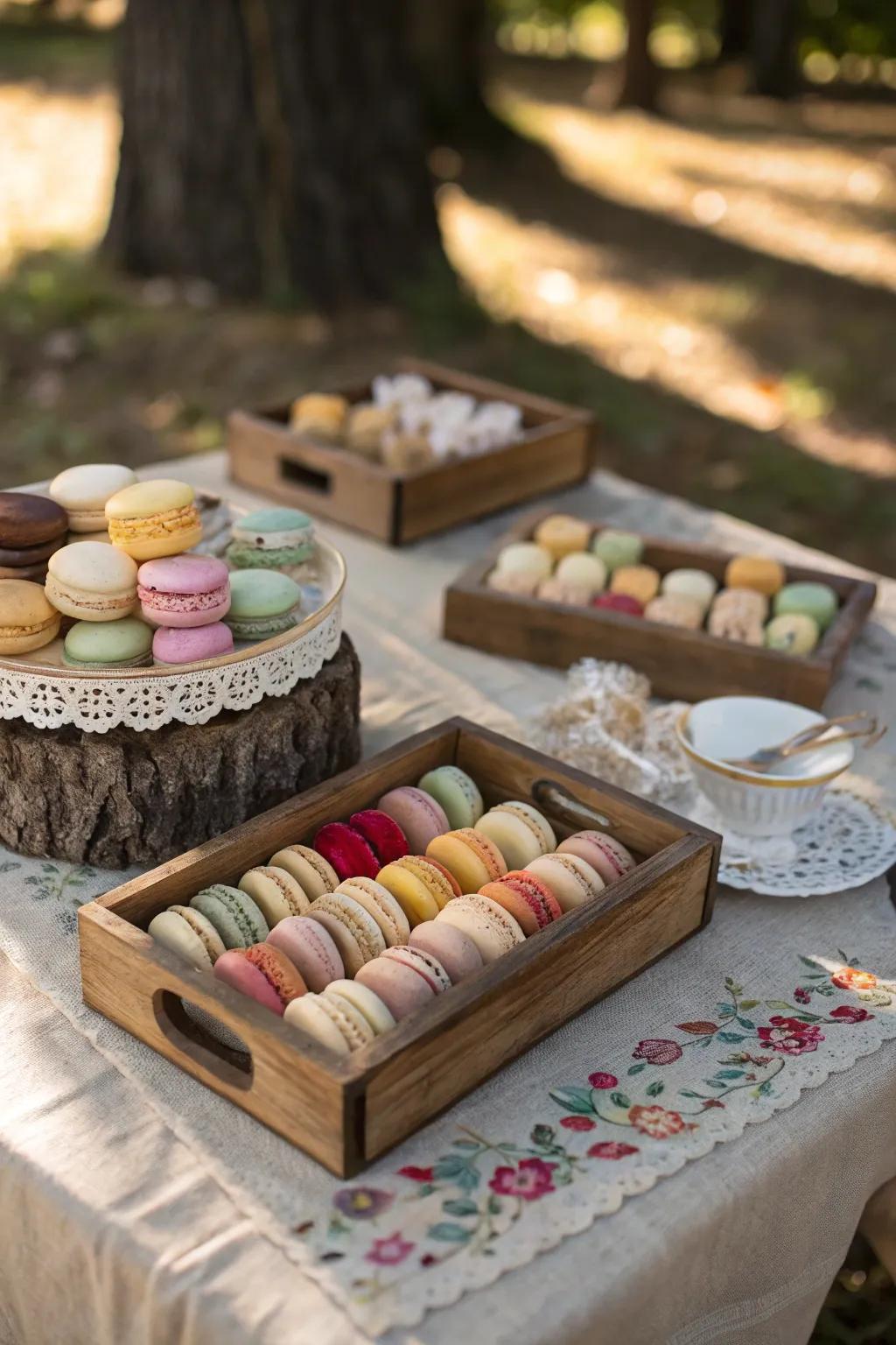 Country-style wooden platters with assorted macarons.