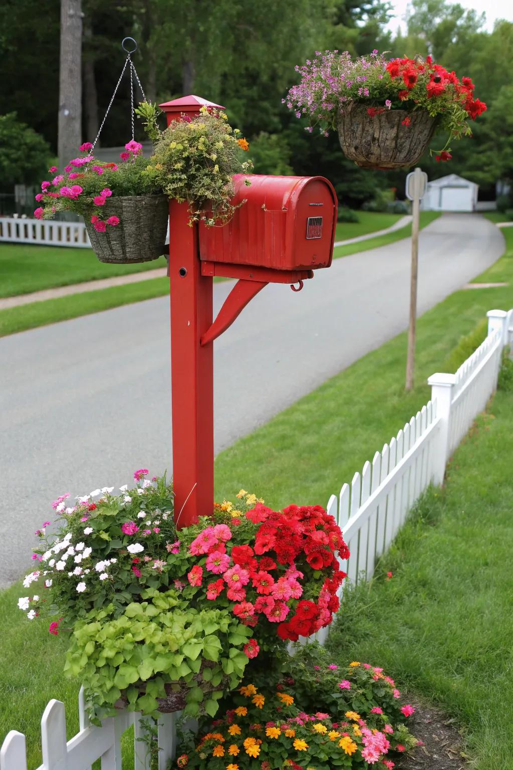 Hanging baskets deliver vertical allure and whimsical charm to your mailbox.