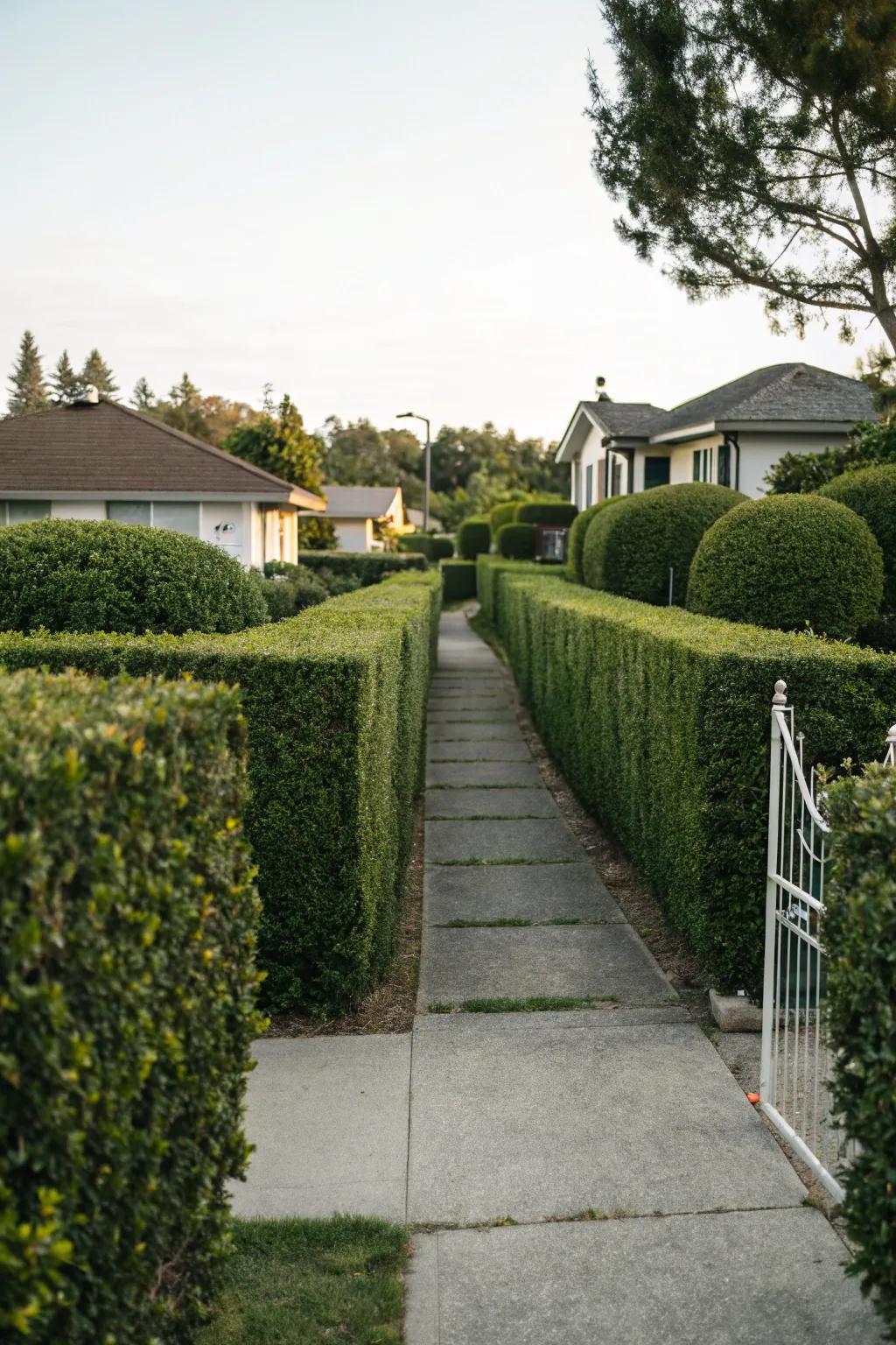 Precisely shaped hedges leading to the entrance.