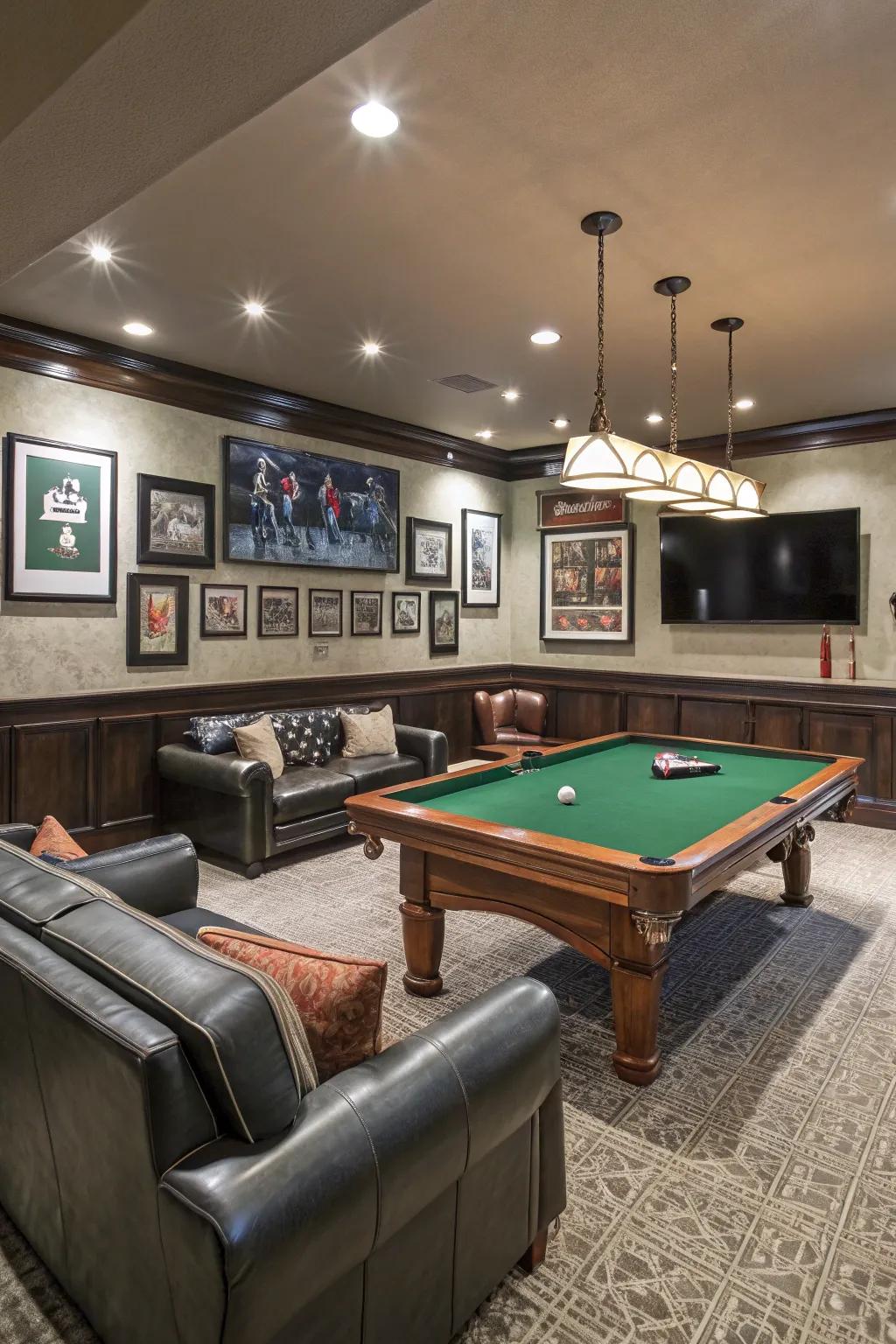 A billiards table adds a dose of playful competition to the man cave.