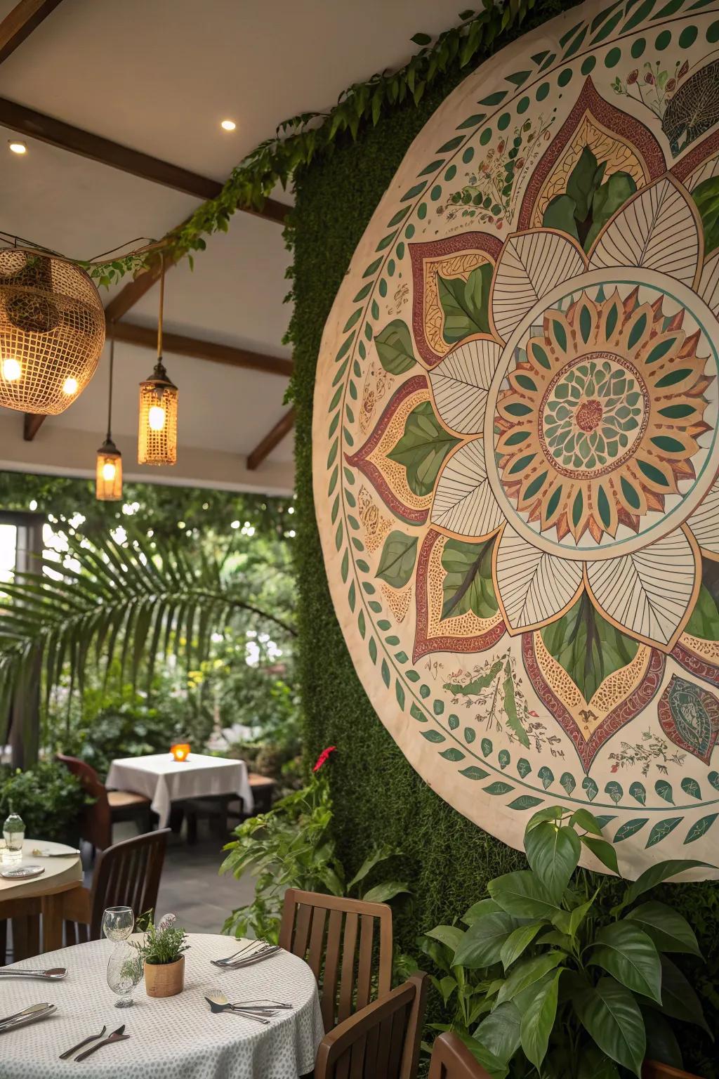 A mandala design featuring floral and foliage patterns enhancing a dining space.