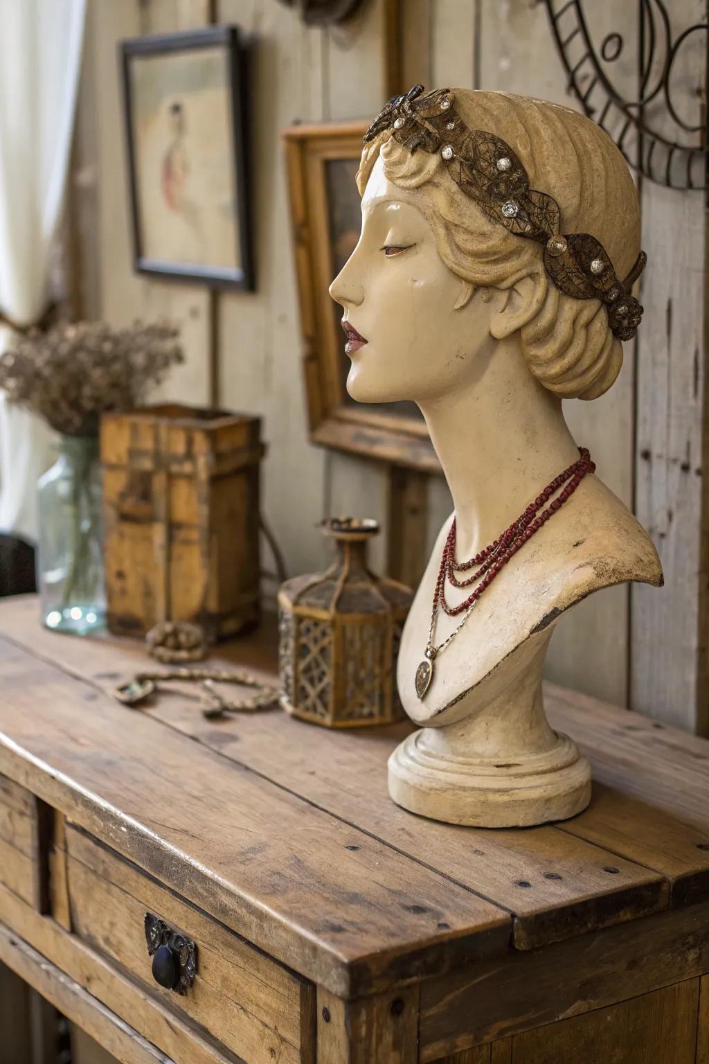 Vintage touches impart a sentimental allure to mannequin head artistry.