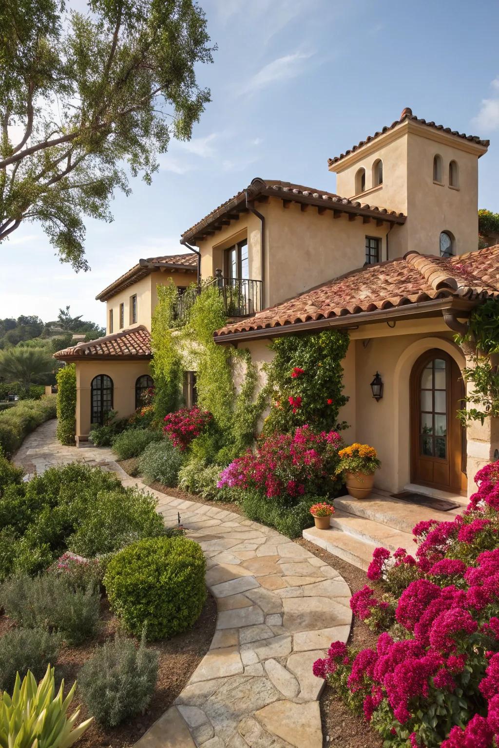 Bent sections impart a Mediterranean essence to this mansard roof.