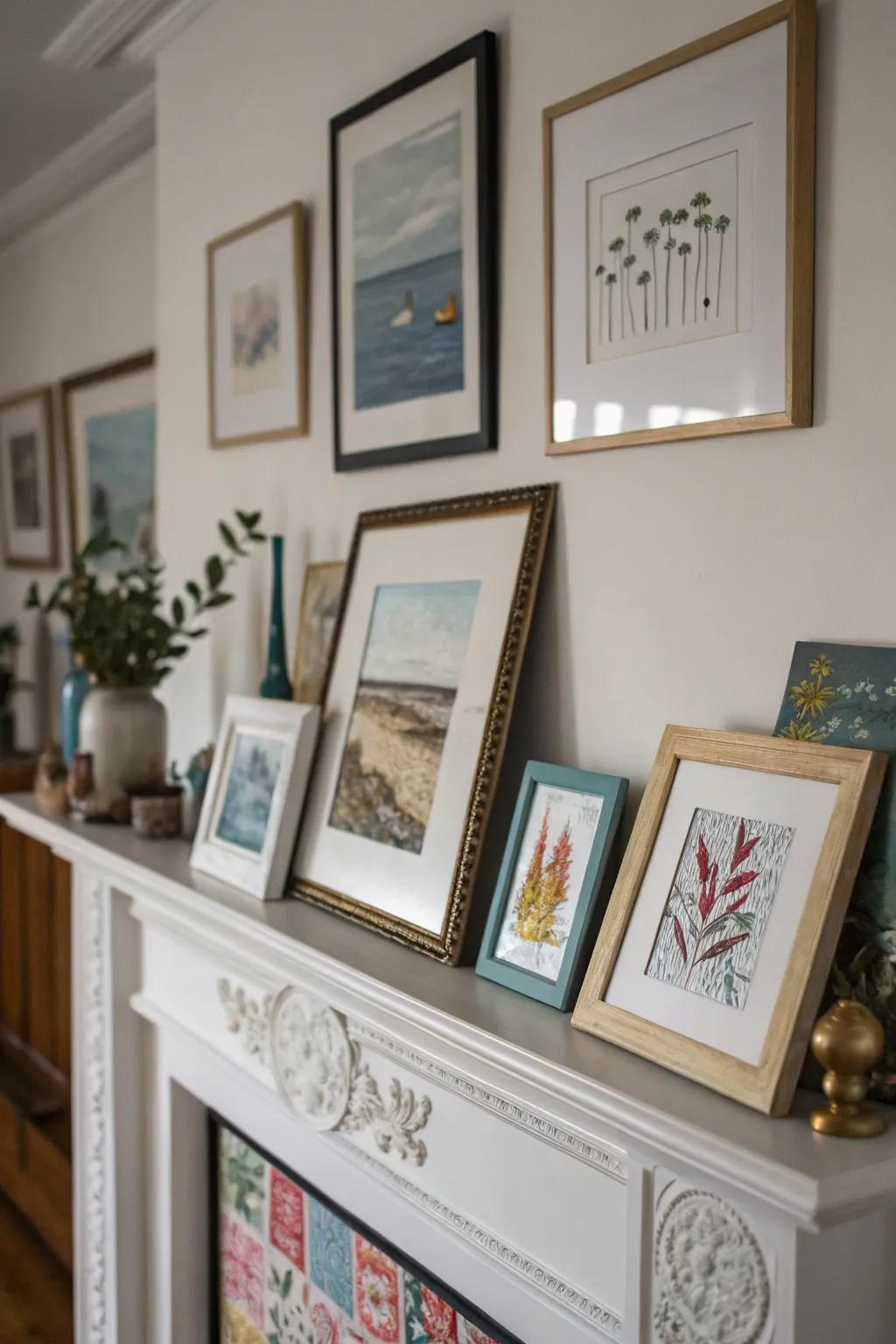 An assortment of artwork injects a personal and energetic feel into this mantel.