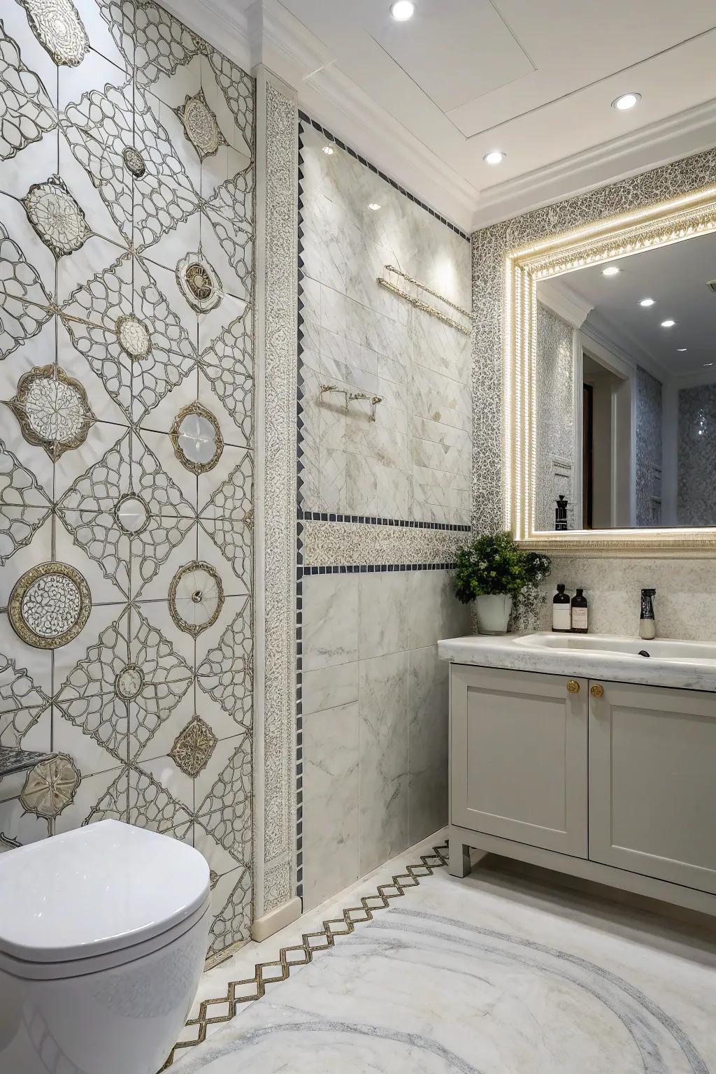 Complex mosaics enrich this bathroom with texture.