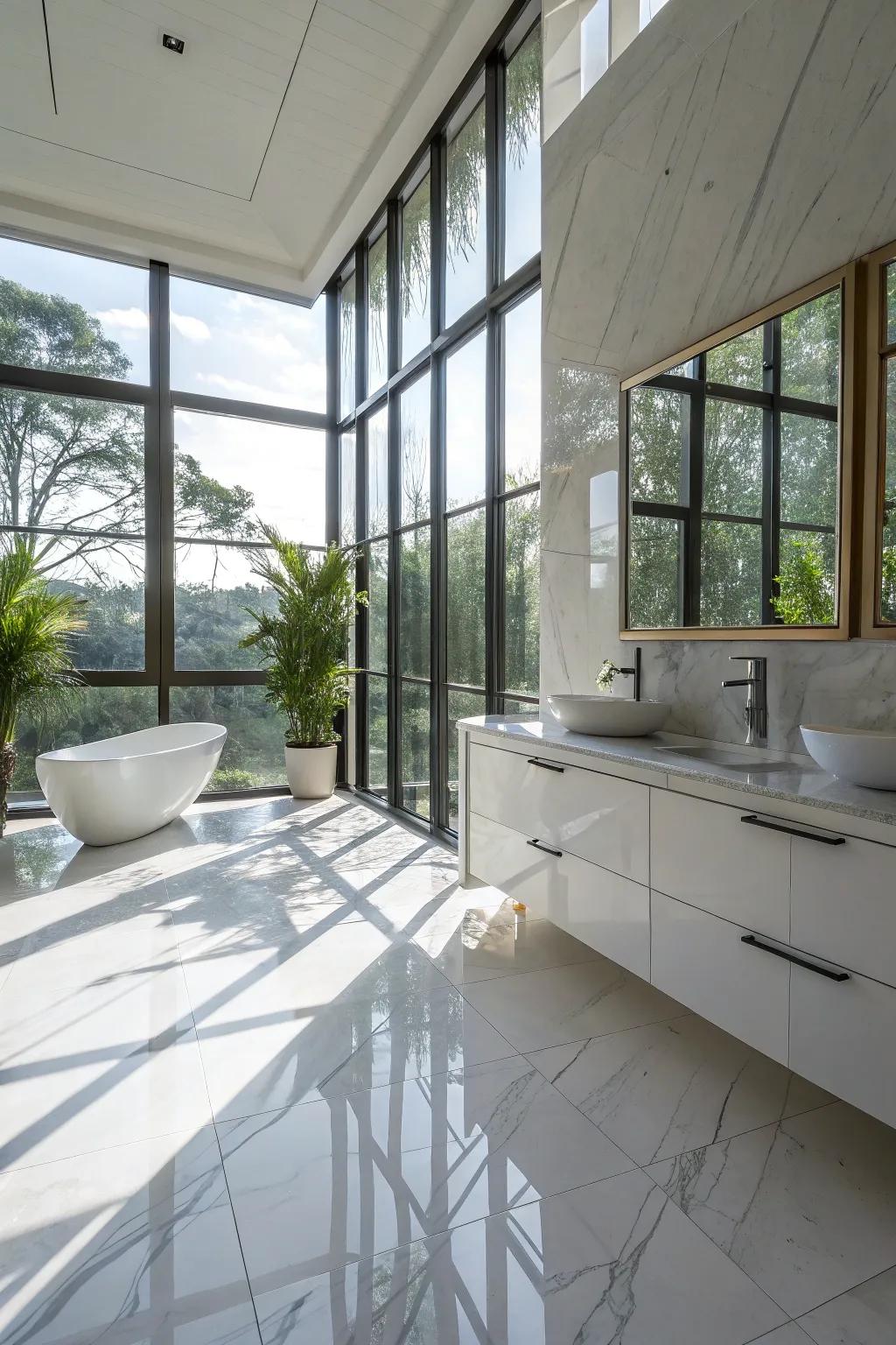 A bathroom awash in daylight, accentuating the charm of stone-style polished stoneware.